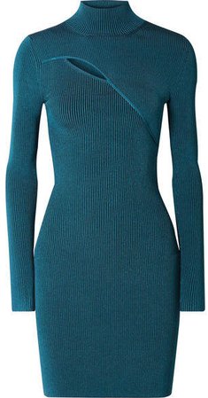 Cutout Ribbed Stretch-knit Turtleneck Mini Dress - Blue