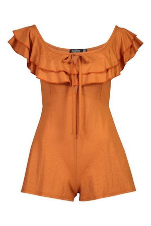 Off The Shoulder Linen Look Playsuit Orange| Boohoo