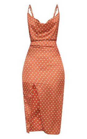 Terracotta Polka Dot Satin Strappy Cowl Midi Dress | PrettyLittleThing