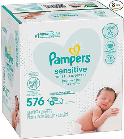 Amazon.com: Baby Wipes, Pampers Sensitive Water Based Baby Diaper Wipes, Hypoallergenic and Unscented, 8 Refill Packs (Tub Not Included), 72 each, Pack of 8 (Packaging May Vary)