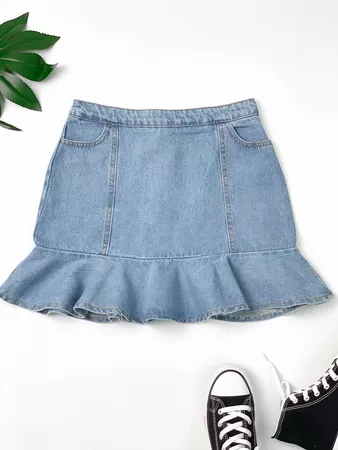 Plus Ruffle Hem Zip Back Denim Skirt | SHEIN USA