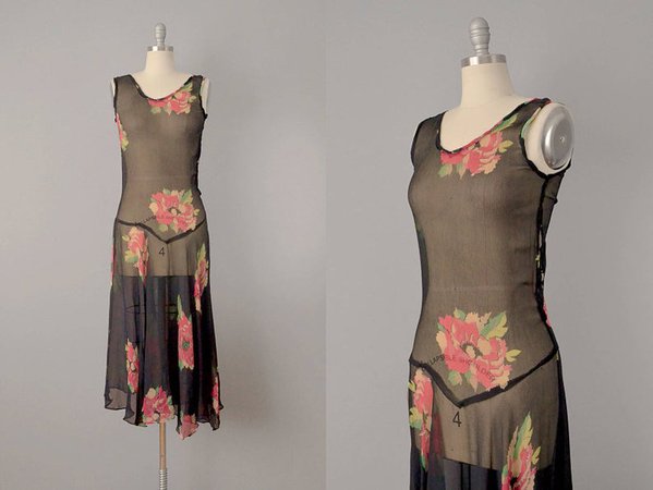 20s Dress // 1920s Black Floral Silk Yoryu Flapper Dress in | Etsy