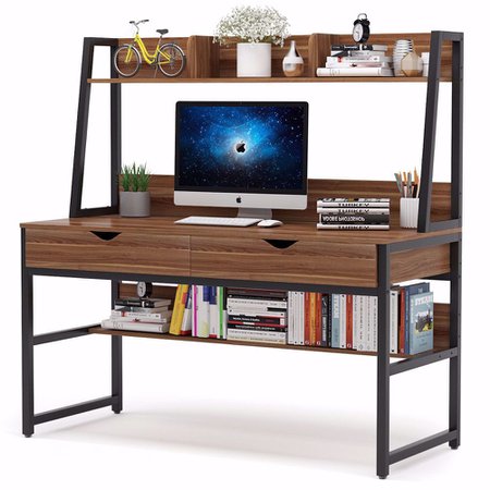 Computer Desk with 2 Drawers, 47 Inches Office Writing Desk with Bookshelf and Hutch