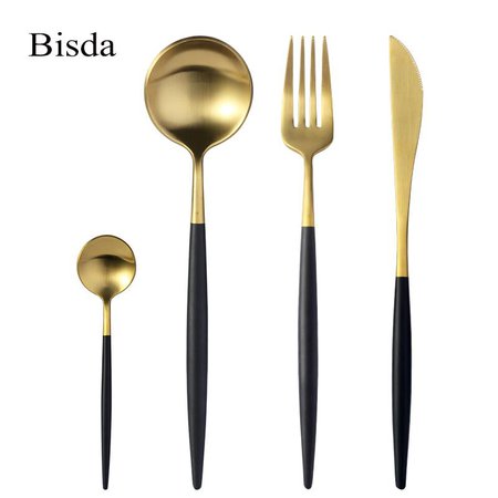 Luxury Black Cutlery Dinnerware Set 24 Pcs Stainless Steel Black Handle Gold - Pricearchive.org