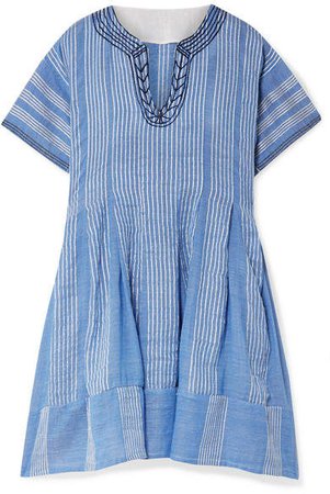 Zinab Pleated Metallic Striped Cotton-blend Voile Mini Dress - Light blue