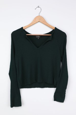 Cute Green Sweater Top - Notched Sweater Top - Ribbed Sweater Top