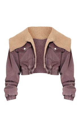 Brown Washed Crop Borg Lined Denim Jacket | PrettyLittleThing USA