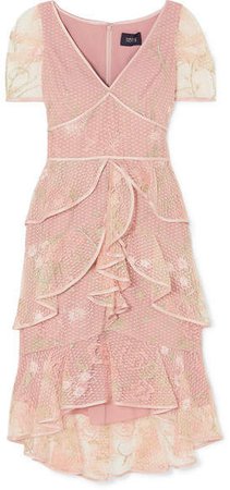 Tiered Satin-trimmed Embroidered Tulle Dress - Blush
