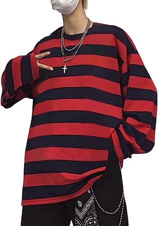 Zhiyouni Womens Stripe Shirt Oversized Casual Loose Long Sleeves Pullovers Couples Shirts Sweatshirt at Amazon Women’s Clothing store