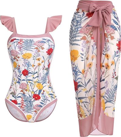 Women's Vintage Floral Print One Piece Swimsuit Ruffle Backless Swimming Suits with Movable Chest Pads at Amazon Women’s Clothing store