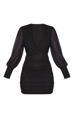 Black Long Sleeve Chiffon Ruched Bodycon Dress | PrettyLittleThing USA