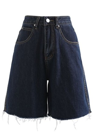 Raw Hem Relaxed Denim Shorts in Navy - Retro, Indie and Unique Fashion