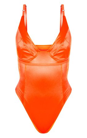 Orange Stretch Satin Cup Bodysuit | Tops | PrettyLittleThing