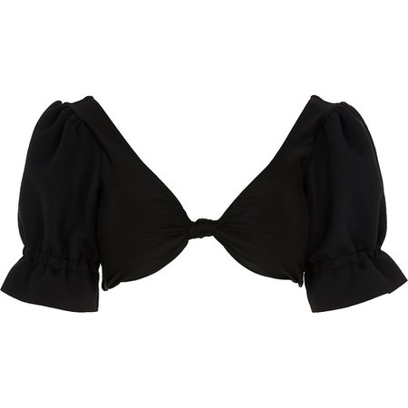 Black puff sleeve knot front bikini top | River Island