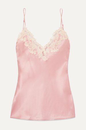 Pink Maison embroidered lace-trimmed silk-blend satin camisole