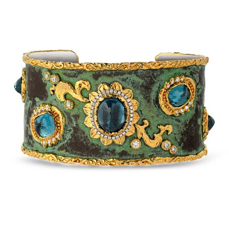 Victor Valyan, Bracelet with Blue Zircons & Diamonds, 24K and Silver, in Green Patina