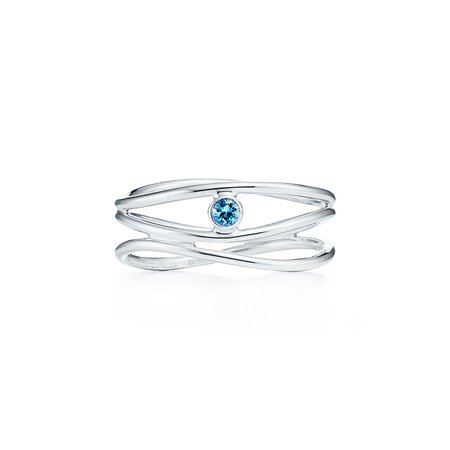 Elsa Peretti® Wave three-row ring in sterling silver with an aquamarine. | Tiffany & Co.
