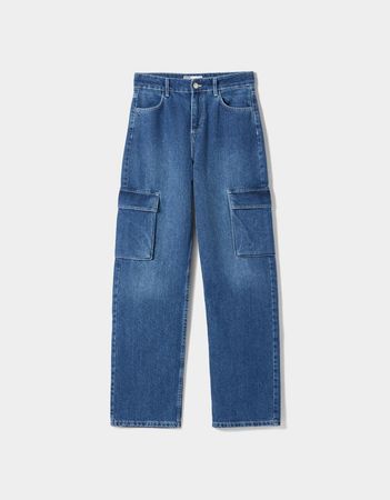 Straight-fit cargo jeans - Denim - Woman | Bershka