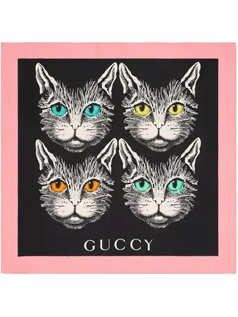 Gucci black Mystic Cat print silk scarf