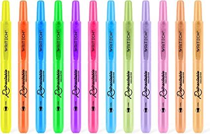 Writech Retractable Highlighters Assorted Colors: Chisel Tip Click Aesthetic Highlighter Marker Pens Pack Multi Colored Ink No Bleed Smear for Highlighting Journaling (12ct Neon+Pastel)