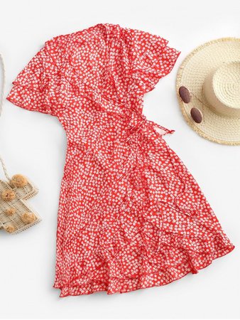 [35% OFF] [NEW] 2020 Ditsy Floral Ruffles Layered Sleeve Wrap Dress In RED | ZAFUL