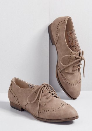 Restricted Walking on Wingtip-Toes Oxford Flat in Taupe Taupe | ModCloth