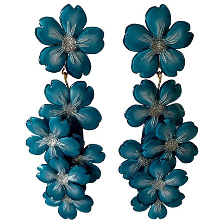 Contemporary Blue and Silver Flower Chandelier Statement Earrings For Sale at 1stDibs