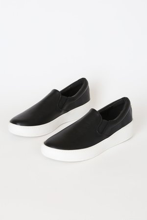 Black Slip-On Sneakers - Flatform Sneakers - Vegan Leather Shoes - Lulus