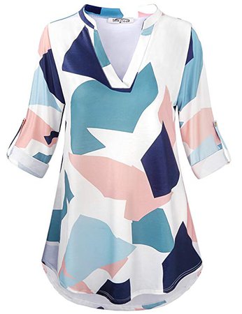 SeSe Code 3/4 Sleeve Womens Tops Ladies Tunic Top A-Line Stretchy Fabric Pleats Semi Formal Swing Curved Hem Mixed Print Dressy Blouse Geometric Patterns XLarge White at Amazon Women’s Clothing store