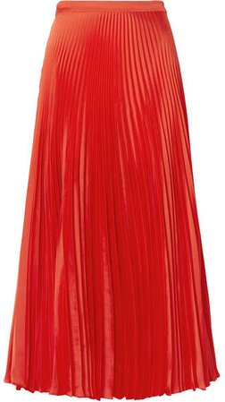 Pleated Satin Midi Skirt - Red