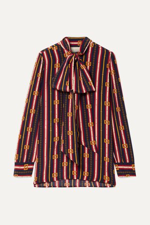 Navy Pussy-bow printed silk crepe de chine blouse | Gucci | NET-A-PORTER