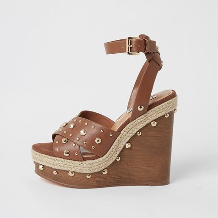 Brown studded wooden wedge sandals | River Island