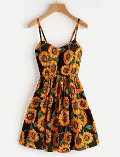 Sunflower Print Random Crisscross Back Cami Dress