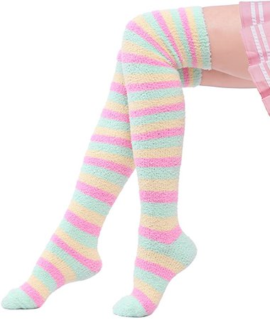 Littleforbig Cute Coral Fleece Thigh High Long Striped Socks 2 Pairs at Amazon Women’s Clothing store