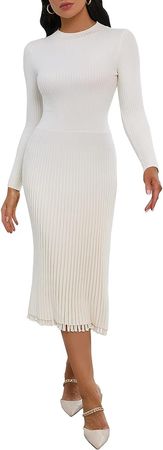IWFEV Sweater Dress Mid-Calf Pleated Dress Long Sleeve Knit Pullover Bodycon Women's Maxi Dress at Amazon Women’s Clothing store