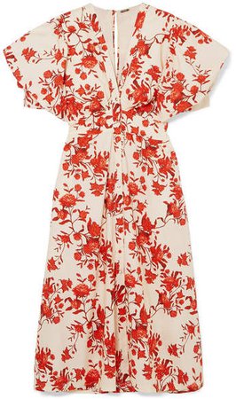 Floral-print Cotton-poplin Midi Dress - Red