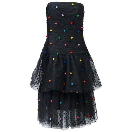 Victor Costa Tiered Net Dress w/Multi Pompoms For Sale at 1stdibs