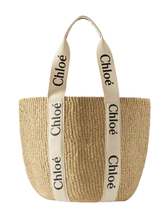 CHLOÉ Woody large printed leather-trimmed canvas and raffia tote