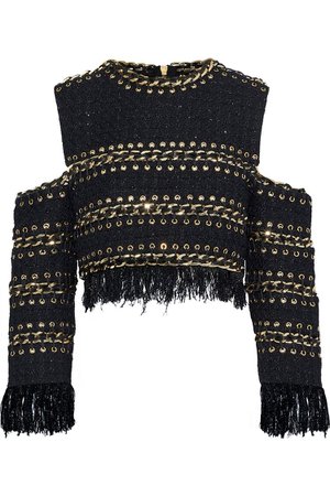 Black Cold-shoulder fringe-trimmed embellished metallic tweed top | Sale up to 70% off | THE OUTNET | BALMAIN | THE OUTNET