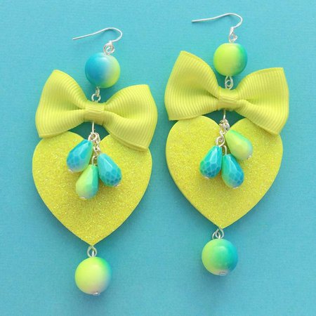 Glittery neon yellow kawaii heart shaped earrings with | Etsy