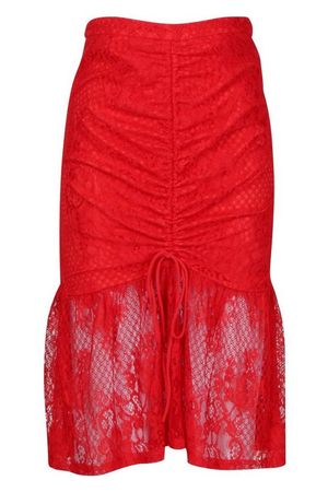 Ruched Lace Midi Skirt | Boohoo red