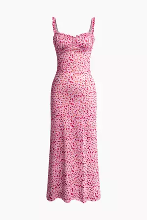 Floral Print Ruffle Neckline Ruched Slip Midi Dress – Micas