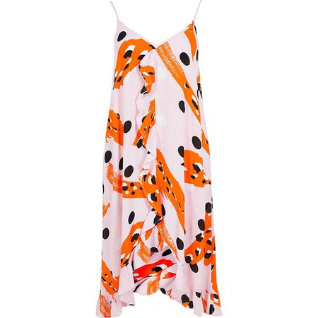 Pink sleeveless ruffle print trim slip dress | River Island
