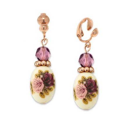 1928 Jewelry Rose Gold Tone Purple Crystal Bead Flower Drop Clip Earrings