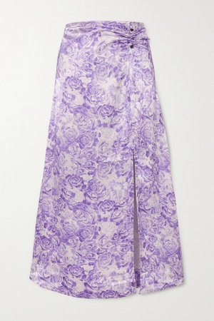 Lilac Floral-print satin midi skirt | GANNI | NET-A-PORTER