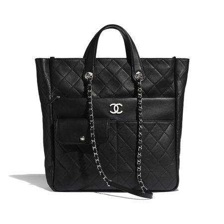 Calfskin Silver-Tone Metal Black Large Zipped Shopping Bag | CHANEL