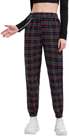 DIDK Women's Tartan Plaid Mid Waist Straight Pants Multicolor Red XL at Amazon Women’s Clothing store