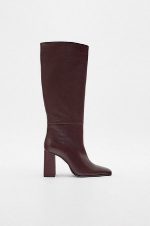 LUG SOLE OVER-THE-KNEE LEATHER BOOTS - Burgundy Red | ZARA United States
