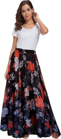 Afibi Women Floral Print Pleated Vintage Chiffon Long Maxi Skirt (XX-Large, S-10) at Amazon Women’s Clothing store