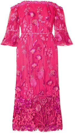 Off-the-shoulder Guipure Lace Dress - Fuchsia